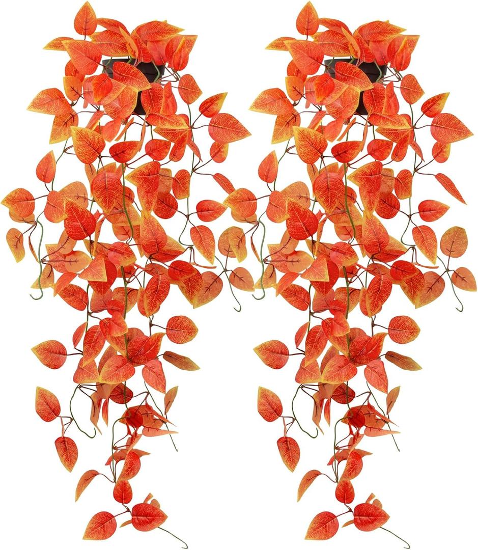 2 Pack Artificial Fall Plants Hanging Orange Vines Potted Fall Foliage Fake Pothos Trailing Plant Autumn Decoration for Indoor Outdoor Thanksgiving Bathroom Wall Kitchen Room Shelf Decor (Black Pot)