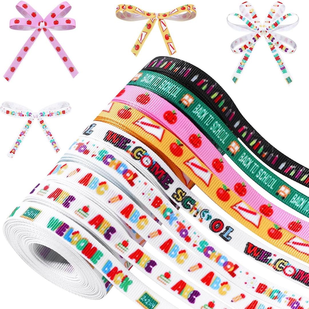 9 Rolls 45 Yards Back to School Grosgrain Ribbon 3/8" School Bus Pencil Apple ABC Pattern Ribbon Colorful Teacher Appreciation Craft Ribbon for Gift Wrapping Hair Bow Wreath Making Sewing Supplies