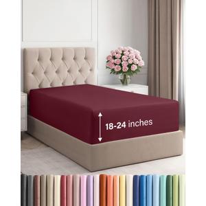 Extra Deep Twin XL Fitted Sheet - Hotel Luxury Single Fitted Sheet Only - Easily Fits 18 inch to 24 inch Mattress - Ultra Soft, Wrinkle & Fade Free w/Extra Deep Pocket - Breathable & Comfy - Burgundy