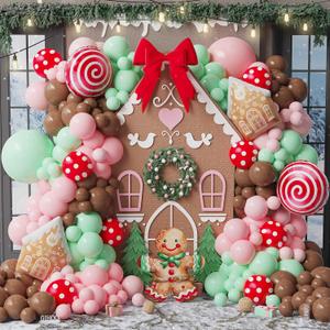 Christmas Gingerbread Balloon Arch Kit 146pcs Red Brown Balloon Garland with Red Candy and Gingerbread House Mylar Balloon for Christmas Gingerbread House Candy Holiday Birthday Party Decorations
