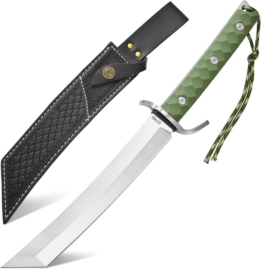 GTK48 Fixed Blade Knife AUS-10 Stainless Steel Blade Full Tang Nylon Fiberglass Handle Samurai Style Fix Knifes for Camping Hunting Collection(Green)