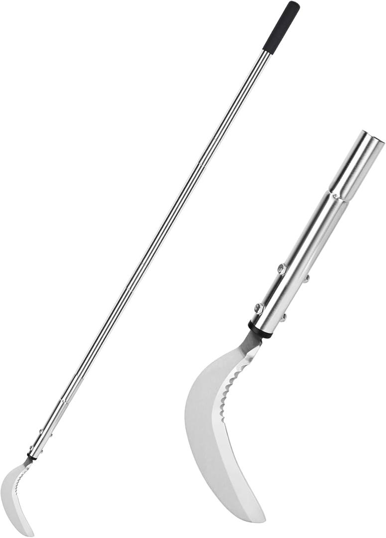 Weeding Sickle, Steel Grass Sickle with Serrated Double-Edged Blade, Telescoping Grass Whip, Stand up Weeding Grass Sickle, Lightweight Sickle Garden Tool Long Handle for Garden, Yard