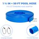 1.5 IN x 100 FT Pool Backwash Hose - Heavy Duty Reinforced Flat PVC Sump Pump Hose for Swimming Pools Pump Discharge & Filter Drainage,Weather and Burst Resistant with Clamp (Blue)