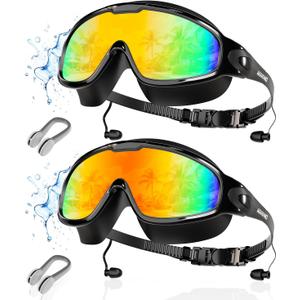 Aegend New Adult Wide View Swim Goggles, Anti-Fog/UV No Leak Swimming Goggles with Ear Plugs for Men & Women (Bright Orange & Aqua)