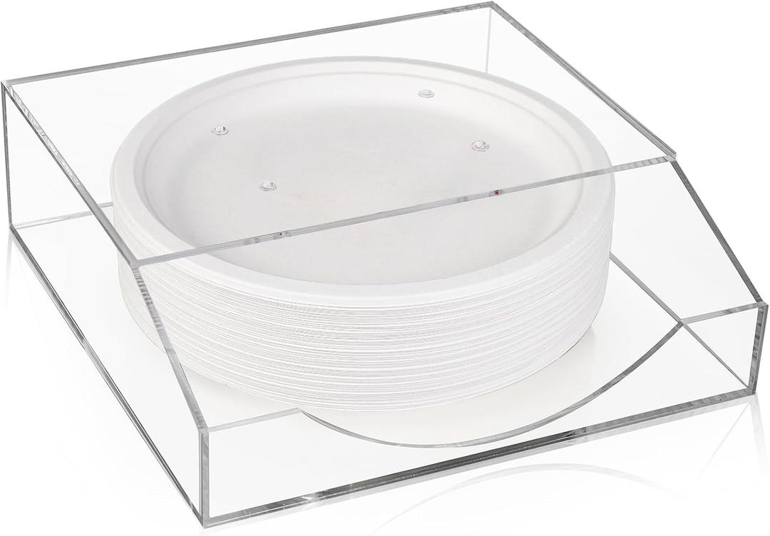 Paper Plate Dispenser, 8/9/10 Inch Wall Mounted Acrylic Paper Plate Holder Under Cabinet, Easy Access Vertical Plate Organizer for Kitchen Counter, Fits Round and Square Paper Plates