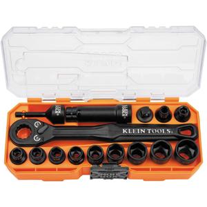 Klein Tools 65400 KNECT 15-Piece Pass Through Socket Set, SAE Impact Socket Set with MODbox Case, Sockets, Bits, Accessories and 3/8-Inch Drive Adapter (3/8-Inch Pass Through Kit)