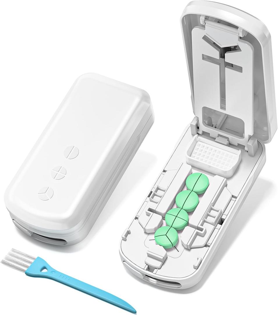 Daviky Pill Cutter Splitter for Small & Tiny Pills, Dual Safety Blades, Adjustable Centering Slot, Precise 1/2 1/3 1/4 Tablet Cutter, Built-in Storage, Portable & Senior-Friendly (White)