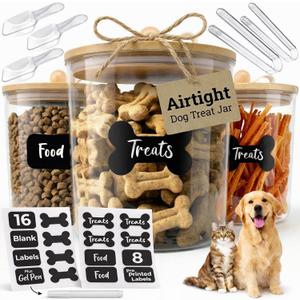 3 Acrylic Airtight Dog Treat Container , Dog Treat Jar Each Holds 4.4 QT / 17.5 Cups Kibbles Food Storage With Lid +24 Labels for Kitchen Counter Pet Cookie Jars With Lid Air Tight Cat Treats Canister
