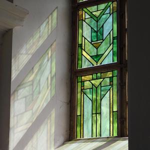 Faux Stained Glass Effect Transparent Window Film, Original Hand Dawn Static Cling Home Decal Inspired by Frank Lioyd Wright, 16.93" x84.65" Hollyhock House, Green