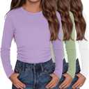 3 Pack Girls Long Sleeve Shirts Kids Slim Fit Crew Neck Tops Ruched Soft Basic Undershirts Layering Tees 5-14 Years (11-12 Years, Cream, Light Grass Green, Taro Purple)