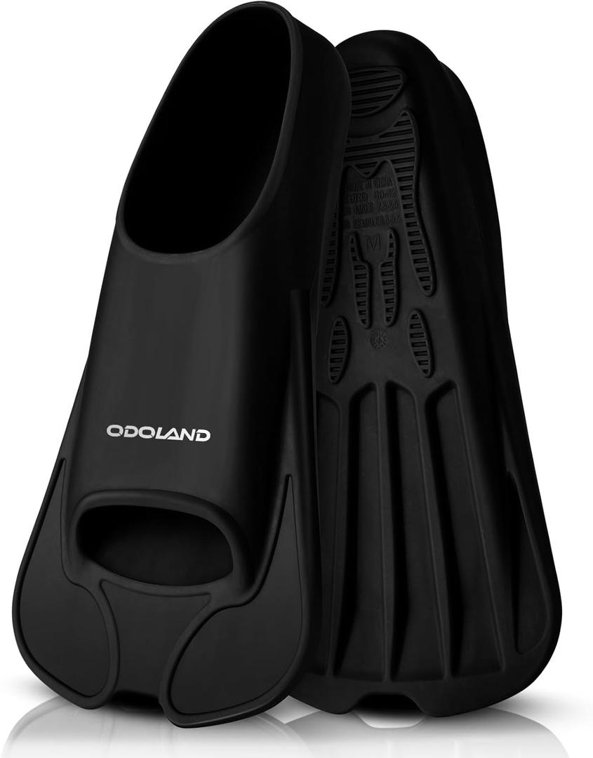 Odoland Swim Training Fins, Full Foot Pocket Travel Size for Adult | Snorkel Fins, Diving Fins, Comfortable Flippers for Men Women, Black, M (US Male 7.5-8.5 US Female 8.5-9.5)