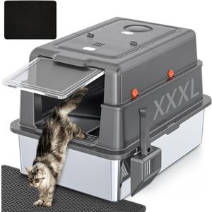 XXXL Extra Large Stainless Steel Litter Box with Lid, 28" L x 20.5" W x 17" H Covered Stainless Steel Litter Box, Suitable for Large Cats and Multiple Cats, Non-Sticky, Anti-Leakage, Easy to Clean