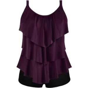 Septangle Women's Tankini Swimsuit Two Pieces Set Ruffle Swimwear Bathingsuit with Boyshort (18, Burgundy)