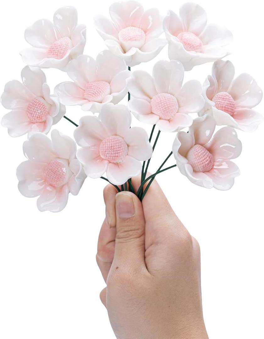 Ceramic Flower Bouquet Set of 10 Handmade Ceramic Roses Simulated Flowers Ceramic Floral Decorations, Creative Gifts for Flora Home Decor (Pink Peony, 10 Inch (Pack of 10))