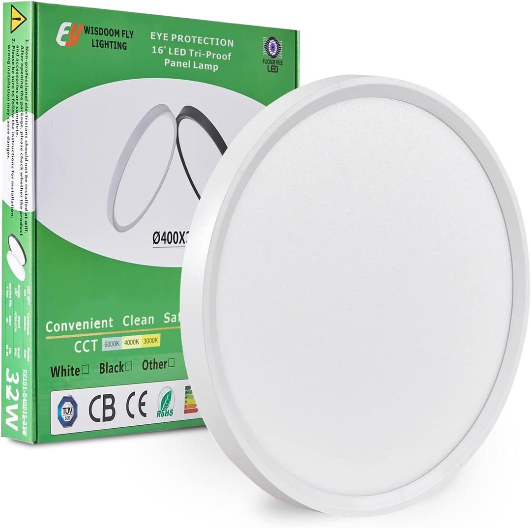 15.8 Inch LED Flush Mount Ceiling Light, 32W, 3480LM, 3000K/4000K/6000K CCT Selectable, Round Flat Panel Light Fits for Hallway, Kitchen, Bedroom, Laundry Room (White)