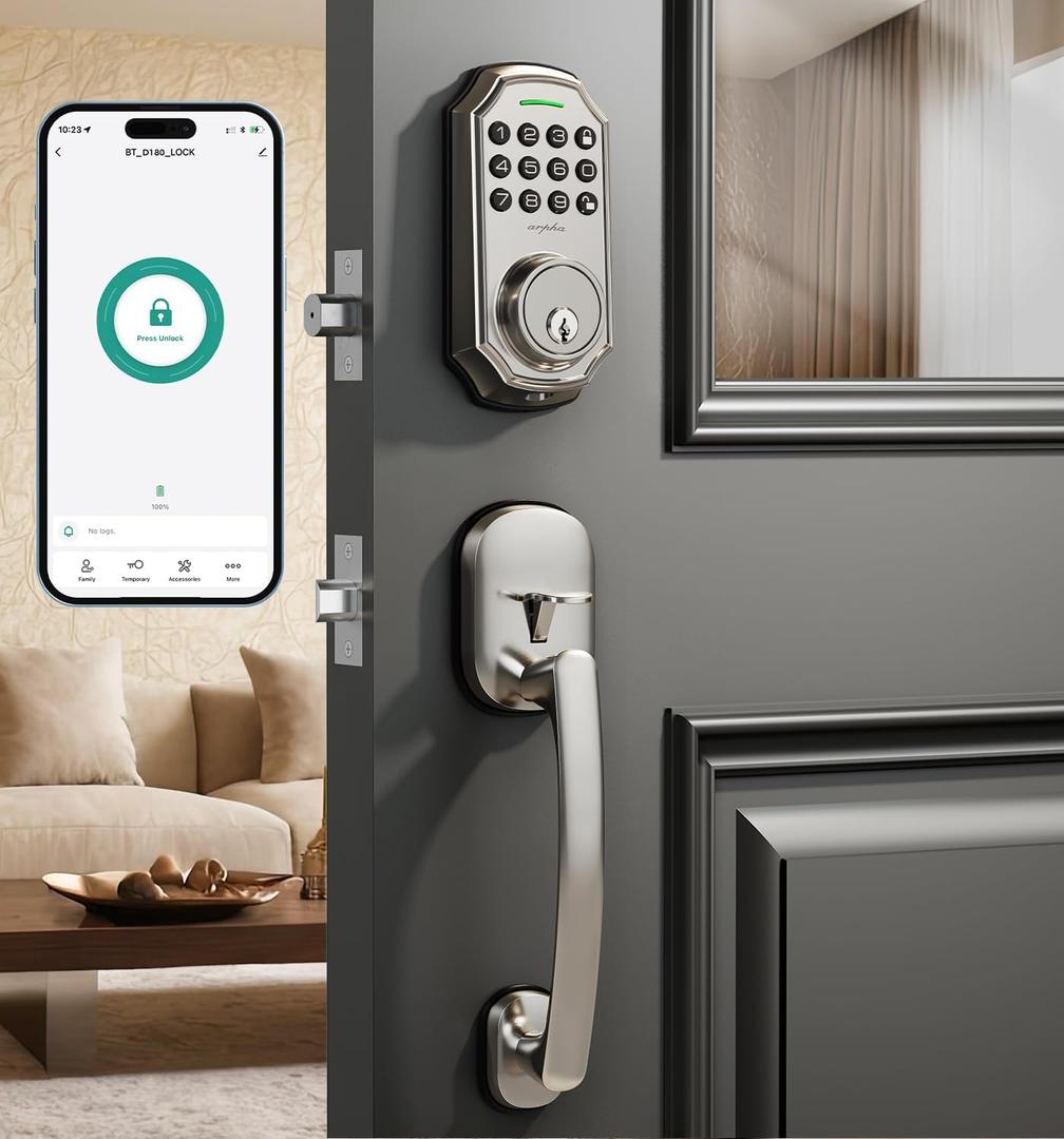 Keyless Entry Door Lock with 2 Handle Smart Deadbolt, App Control, 100-Code Keypad, One-Time Passcode, Auto Lock & Anti-Peep, Easy Installation for Front Door(Silver+Handle)