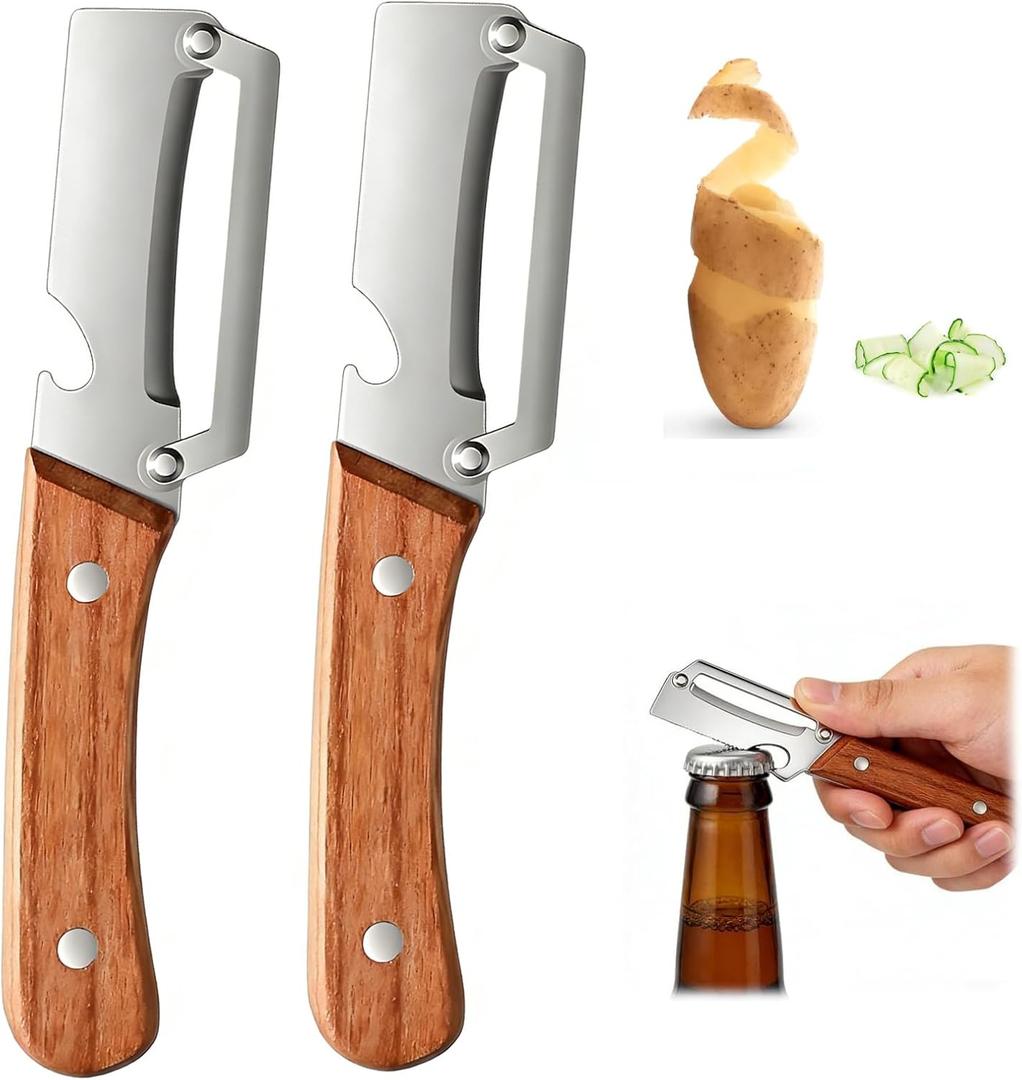 2 Pack Multifunctional Vegetable Peeler,Stainless Steel Peeler with Wooden Handle& Bottle Opener, 2 in 1 Vegetable Peeler for Kitchen, Zero Snag Wooden Kitchen Tool for Potato, Apple)