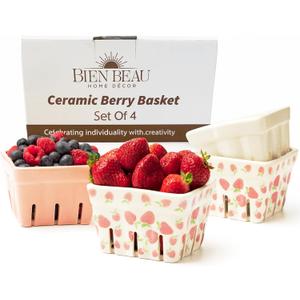 Ceramic Berry Basket, Farmhouse Colander, Strawberry Decor, Fruit Bowls, Fruit Baskets, Kawaii Strawberry Kitchen bowl, Pink White and Cute Strawberry pattern Stoneware Harvest Square Bowls Set of 4