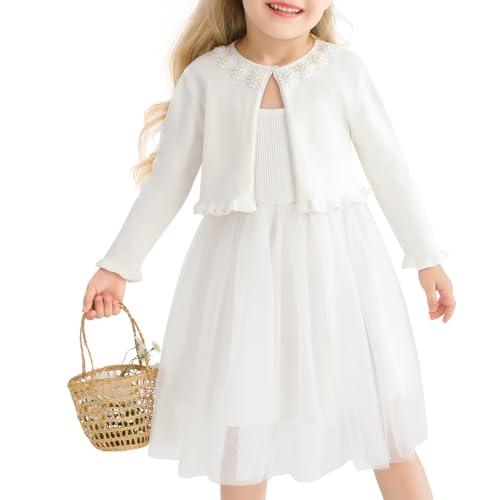 Toddler Girls White Cardigan Sweater Bolero Shrug Kids Knit Long Sleeve Crop Tops Button Closure Jacket 3-4T