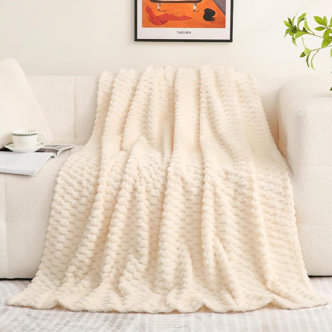 Cream White Throw Blanket 50"×60" inches Fuzzy 3D Jacquard Decorative Flannel Fleece Super Soft Plush Cozy Blanket for Couch Sofa Chair Lightweight