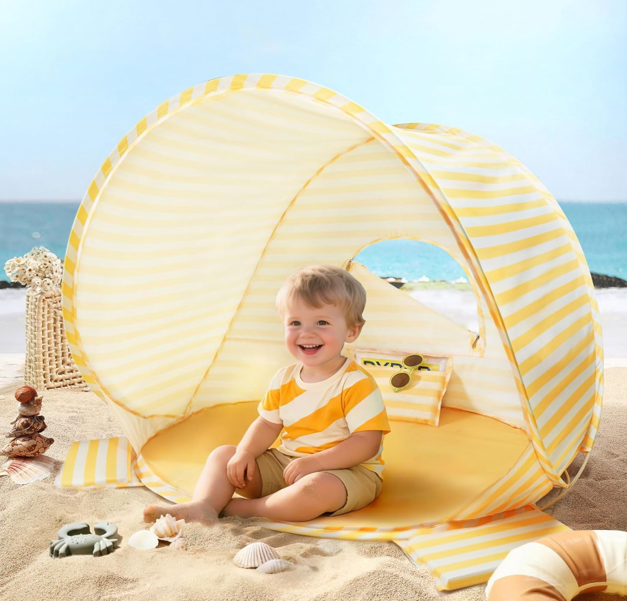 Tiny Land Baby Beach Tent – Pop Up Tent with UV Protection, Portable Baby Beach Essentials, 35.4"x27.6"x31.5" Sun Shelter for Infants, Baby Summer Outdoor Use (Pastel Yellow Stripes)
