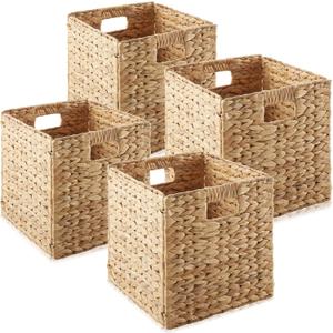 Casafield 13" x 13" Water Hyacinth Storage Baskets, Natural - Set of 4 Collapsible Cube Organizers, Woven Bins for Bathroom, Bedroom, Laundry, Pantry, Shelves