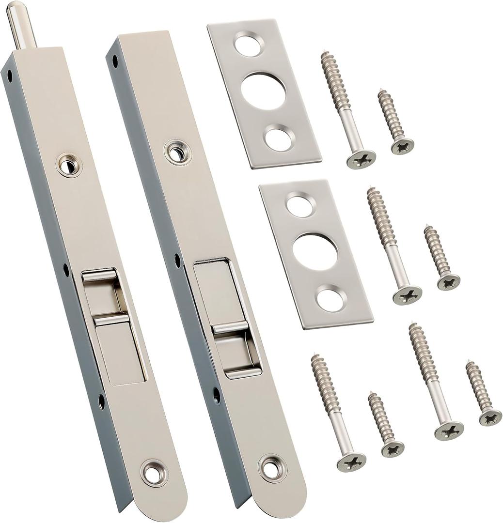 2 Pack 7 Inch Flush Bolt for Double Door, Heavy Duty Chrome Plating Flush Latch Bolts, French Lock for Opening and Composite Wood Double Dummy Door (Brushed Satin Nickel)