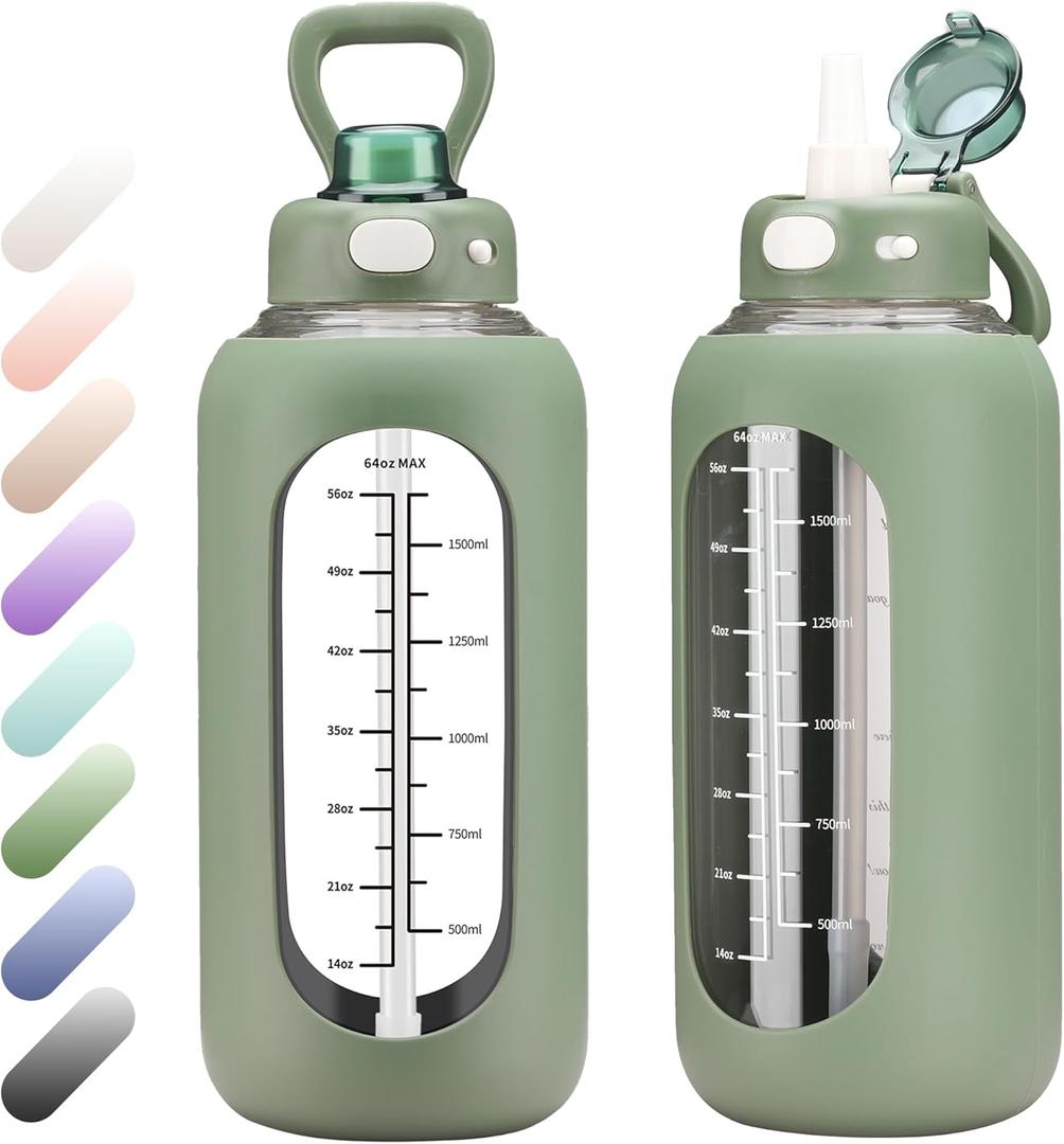 SIEROZUR 42 oz Glass Water Bottle with Straw and Handle Half Gallon Large Water Bottle with Silicone Sleeve and Time Marker Sports Water Jug Wide Mouth for Travel Gym (Olive)