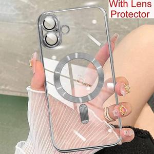 Magnetic Case for iPhone 16 6.1" Compatible with MagSafe Full Camera Lens Protection, Clear Luxury Cover Soft TPU Bumper Drop Protective Case for 2024 Women Girls Men, Silver