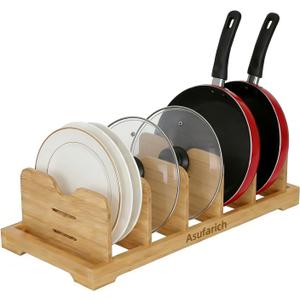 Pots and Pans Organizer Under Cabinet, Cutting Board/Baking Sheets Storage Rack, Adjustable Bamboo Pot Lid Holder, Pot Lid Organizer Inside Cabinet, Pot and Pan Organizers(Natural)