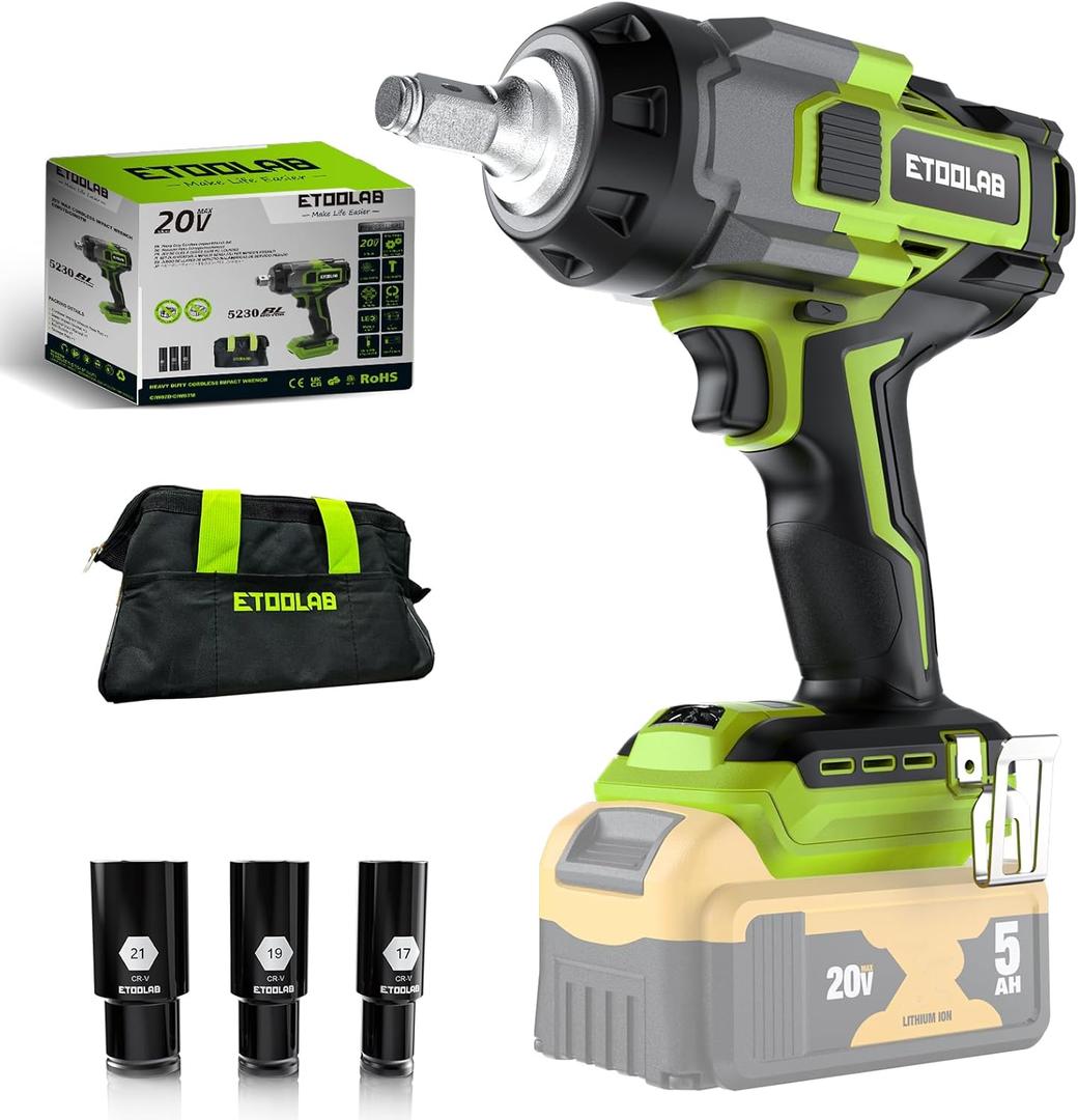 Impact Wrench 1/2 inch for DeWalt 20v Battery, Impact Wrench 750Ft-lbs(1000N.m) High Torque Brushless Electric Impact Gun, Power Impact Driver with 3-Mode Speed, LED Work Light(no battery)-Green