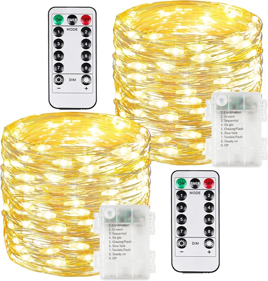 2 Pack 100 LED Fairy Lights Battery Operated with Remote, 8 Modes String Lights Indoor Outdoor, Cuttable Battery Light for Home Bedroom Wedding DIY Centerpiece Christmas Decorations (Warm White)