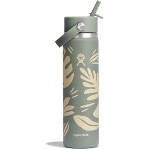 Hydro Flask Water Bottle - Insulated Stainless Steel - Wide Mouth Flex Straw Lid, Non Spill, Leakproof and Refillable in 24 Oz Botanical Bliss Agave