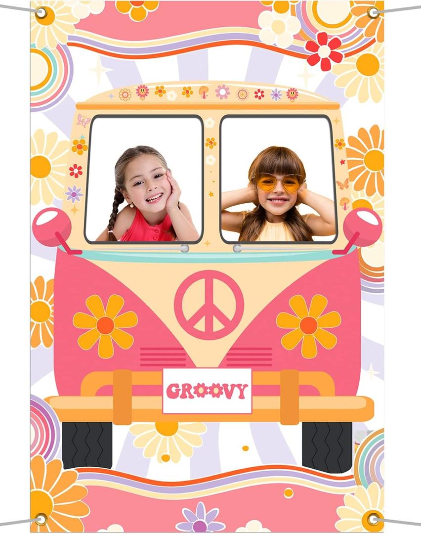 Hippie Photo Booth Props, Hippie Bus Prop Groovy Bus Photo Booth for 60'S 70'S Party, Hippie Party Decorations, Daisy Bus Photo Prop Two Groovy Birthday Decor, Groovy Photo Booth Frame - 59  39.4 in