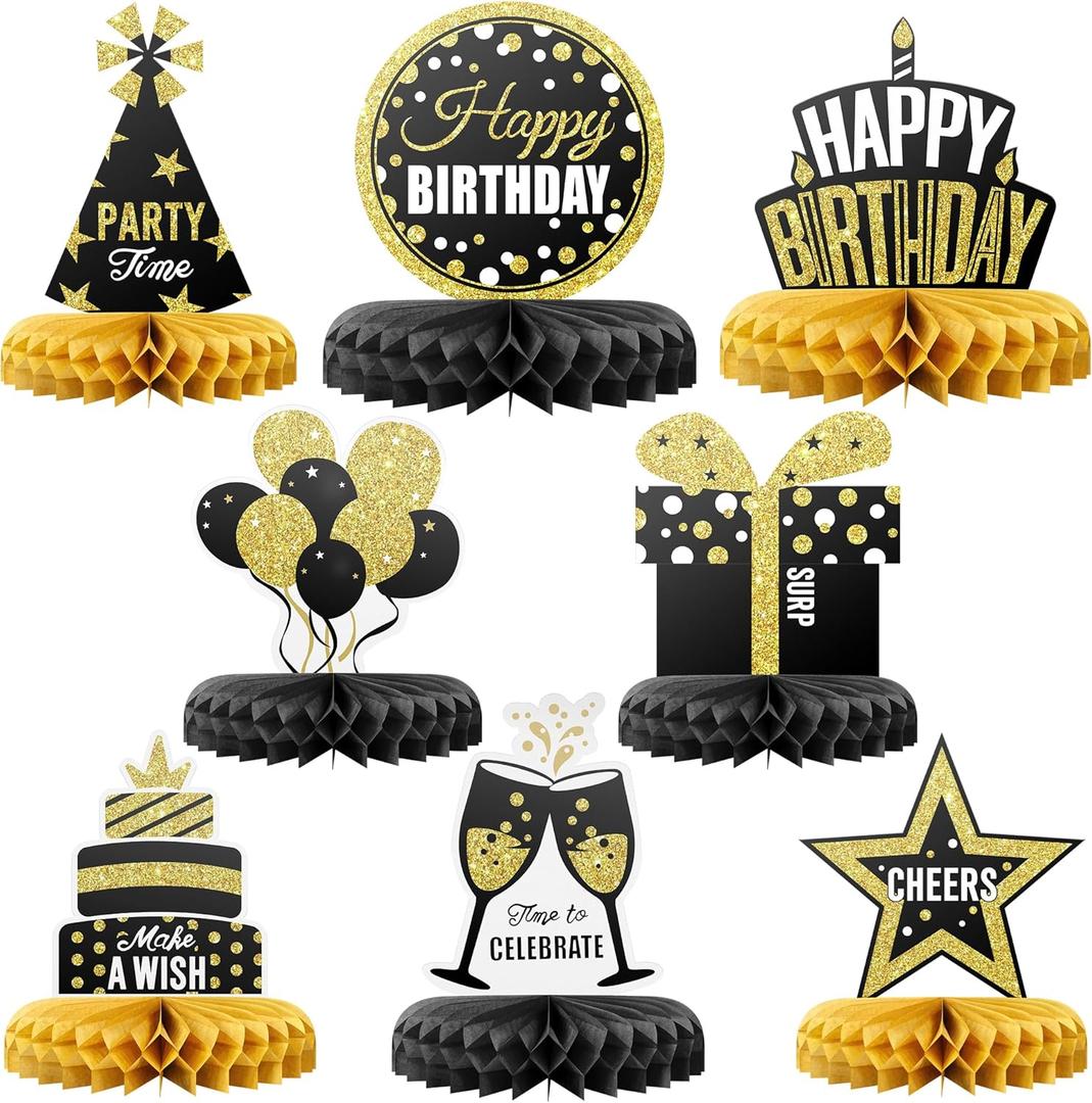 Happy Birthday Table Decoration Centerpieces - 8 Pieces, Black & Gold - Double-Sided Happy Birthday Centerpieces for Tables - Party Supplies for Elegant Birthday Decorations - by PixiPy