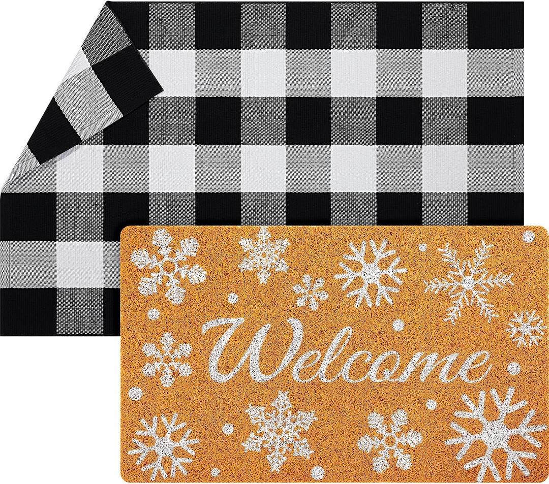 Geelin  Pcs Winter Welcome Mat Snowflake Door Mat Outdoor Black and White Buffalo Checkered Rug Decorative Snowflake Imitation Coir Layering Rug for Front Door Entrance