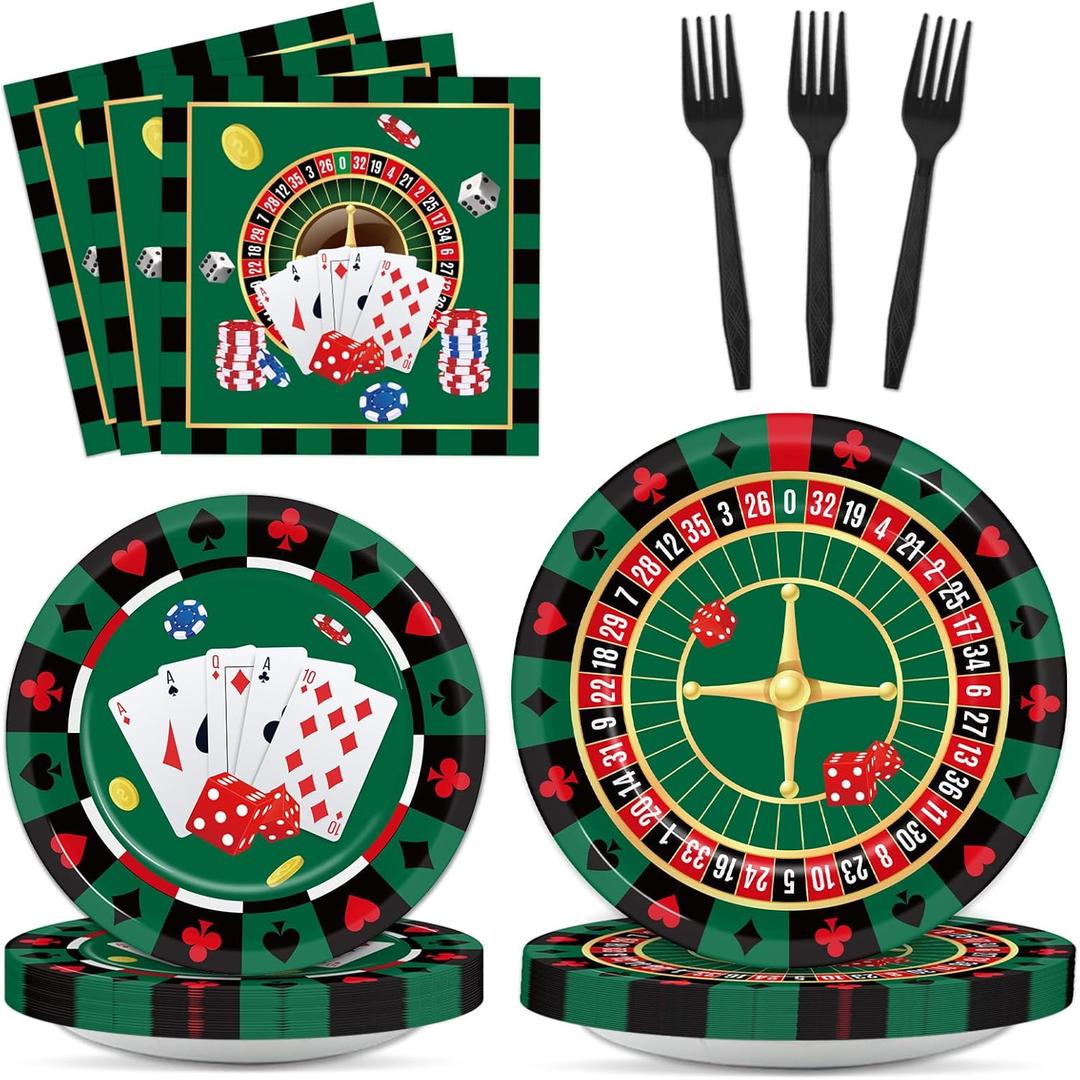 96 Pieces Casino Themed Party Tableware Set for Las Vegas Birthday Party Decorations Casino Poker Card Birthday Party Dessert Paper Plates Napkins Forks for 24 Guests Poker Card Playing Club Supplies
