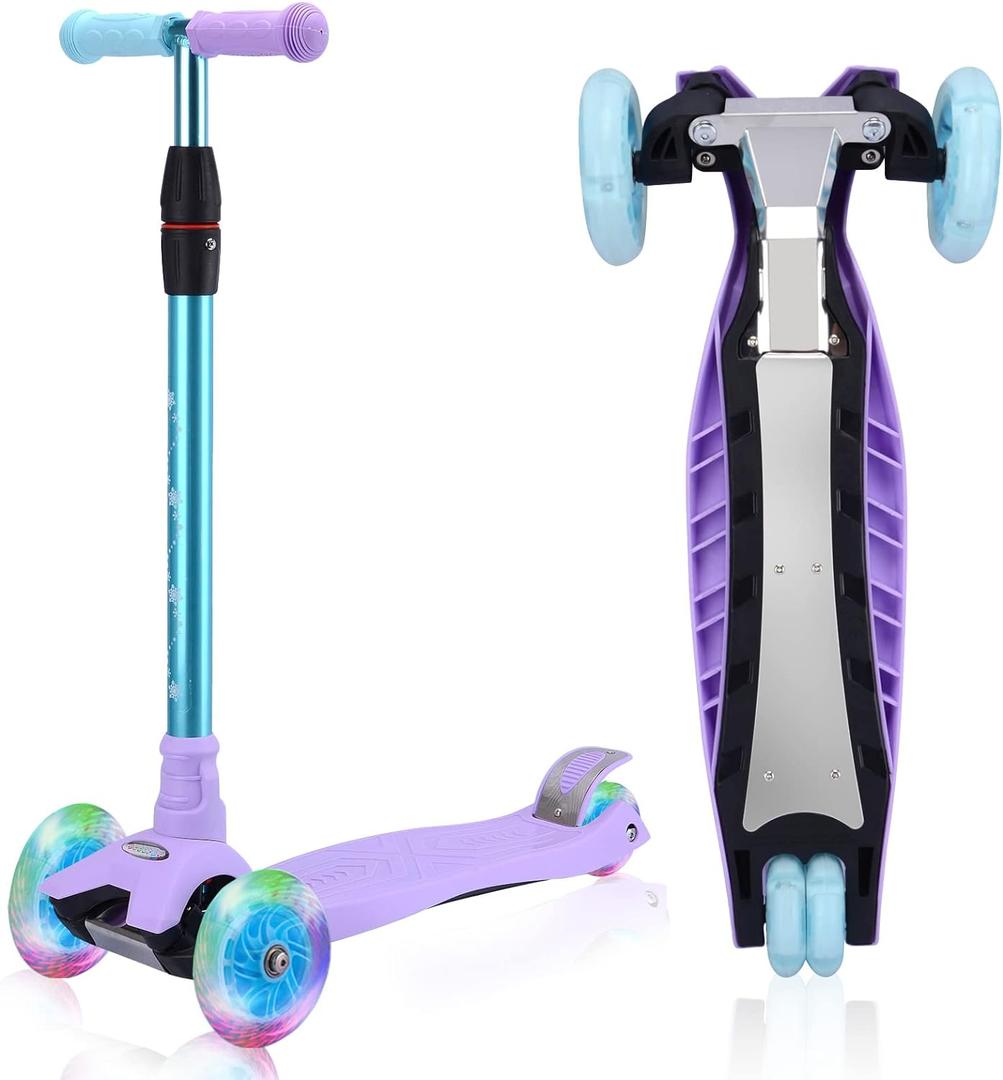 3 Wheel Scooter for Kids Ages 6-12,Kids Scooter with Light Up Wheels, Sturdy Deck Design, and 4 Height Adjustable Suitable for Kid Ages 3-12 (Purple)