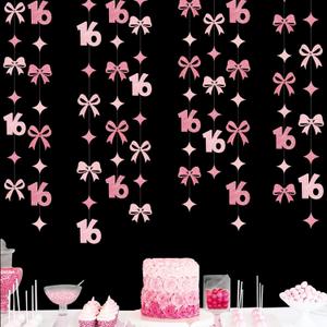 Glitter Pink 16th Bow Birthday Decorations Hot Pink Conquette Bow Garland Streamer Banner Backdrop for Girls Boys Happy 16th Birthday Sweet Sixteen Cheers to 16 Years Old Anniversary Party Supplies