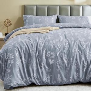 MUXHOMO Duvet Cover King Size, Reversible Floral Grey Duvet Cover Set with Zipper Closure, 3 Pieces Botanical Patterns Soft Microfiber Bedding Set (90"x104", 2 Pillow Cases 20"36") (01 - Grey Leaves (No Comforter))