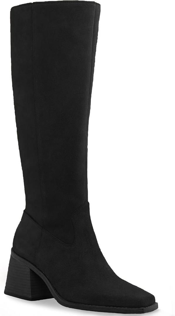 Coutgo Women's Knee High Boots Wide Calf Square Toe Chunky Heeled Pull-on Boot (10)