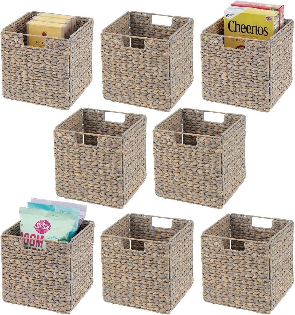 mDesign Natural Woven Hyacinth Cube Organizer Basket with Handles - Storage for Kitchen Cabinet or Pantry Shelf, Perfect for Cubby Storage Units, Holds Snacks or Small Appliances, 8 Pack, Gray Wash