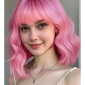 YOUNIGA Short Bob Wavy Wig with Bangs for Women Pink Color Wigs for Women Loose Curly Shoulder Length Bob Curly Women's Charming Synthetic Wigs Style Synthetic Fiber Wig (Pink 12 Inch)