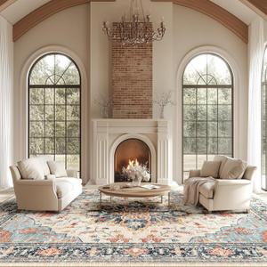 Area Rugs 10'x14' Washable Non-Slip, Floral Vintage Distress Print Pattern Medallion Carpet for Living Room Bedroom Dining Room, Beige Navy Blue Orange Colorful