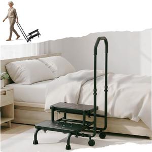 2 Step Stool with Handle & Wheels for Seniors, 400 lbs Capacity, Heavy Duty Bed Step for High Beds, Adjustable 5-Level Handrail, Non-Slip Wide Steps, Non-Skid Rubber Feet (Black)