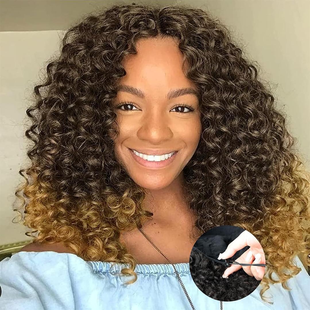 NOSTALGIA Curly Half Wig 3 In 1 Kinky Curly Half Wigs Synthetic Glueless Wear and Go Invisible Hairline Seamless Flip Over with Drawstring Easy to Wear & Adjust 16 Inch(Black and Honey Blonde 1B/27)