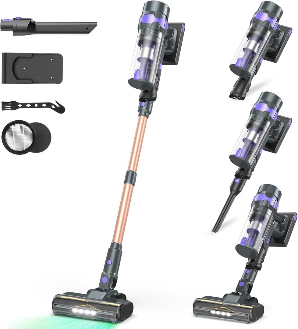 Cordless Vacuum Cleaner, 80Kpa Lightweight Cordless Stick Vacuum, 650W Rechargeable Battery Vacuum with 75min Runtime, LED Display, Stick Vacuum Cleaners for Home Pet Hair Hardfloor Carpet-V2 (Sliver)