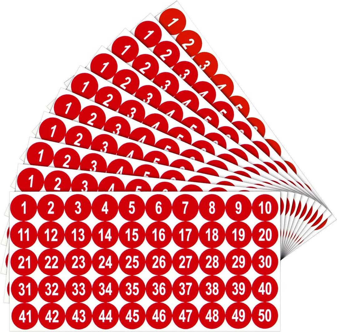 Outus 10 Sheets 1 to 50 Number Stickers Vinyl Self Adhesive Decal for Indoor and Outdoor Waterproof Labels Number Inventory Stickers for Inventory Classification(1 Inch,Red)
