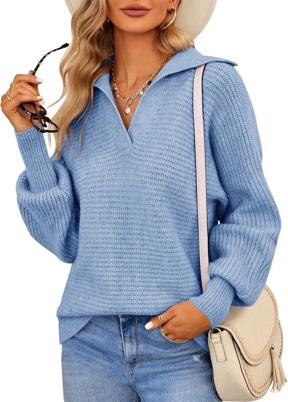 Womens Polo Long Batwing Sleeve V Neck Pullover Sweaters Solid Ribbed Collar Knit Sweater Oversized Chunky Jumper Tops Blue M