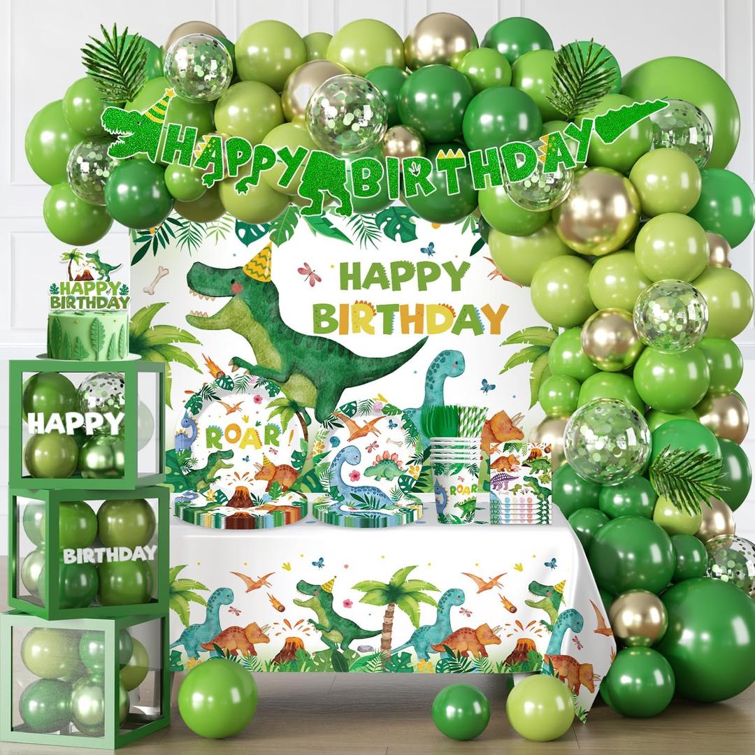 268Pcs Dinosaur Birthday Party Decorations Serve 25, Dinosaur Birthday Decorations Include Balloon Garland Arch, Plates, Tablecloth, Cake Topper, Backdrop, for Dinosaur Themed Birthday